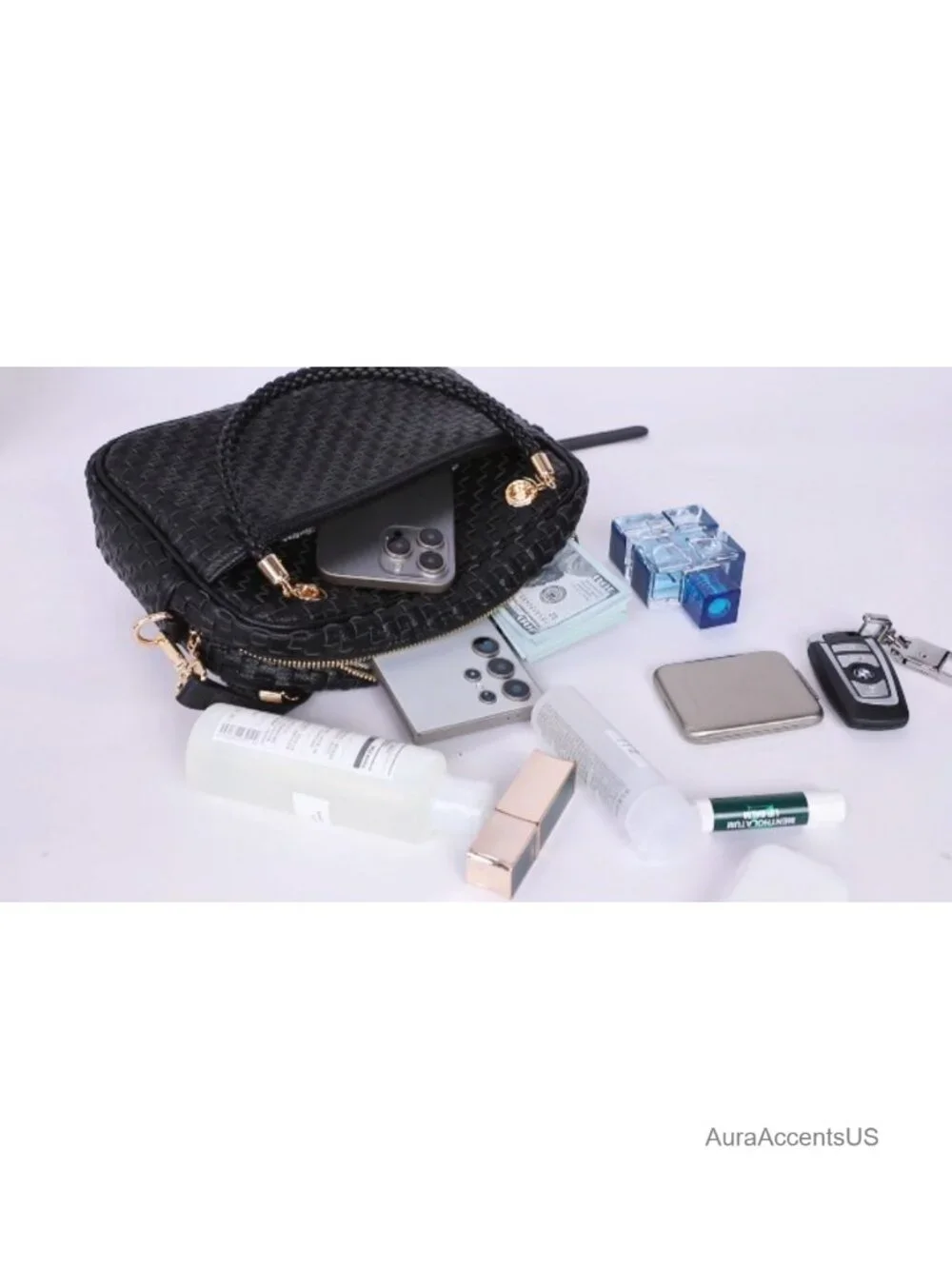 Woven Vegan Leather Crossbody Camera Bag with Braided Handle